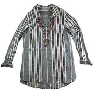 SOFT SURROUNDINGS Tunic Top Pullover Embroidered Pockets Roll Tab Sleeves Sz Med